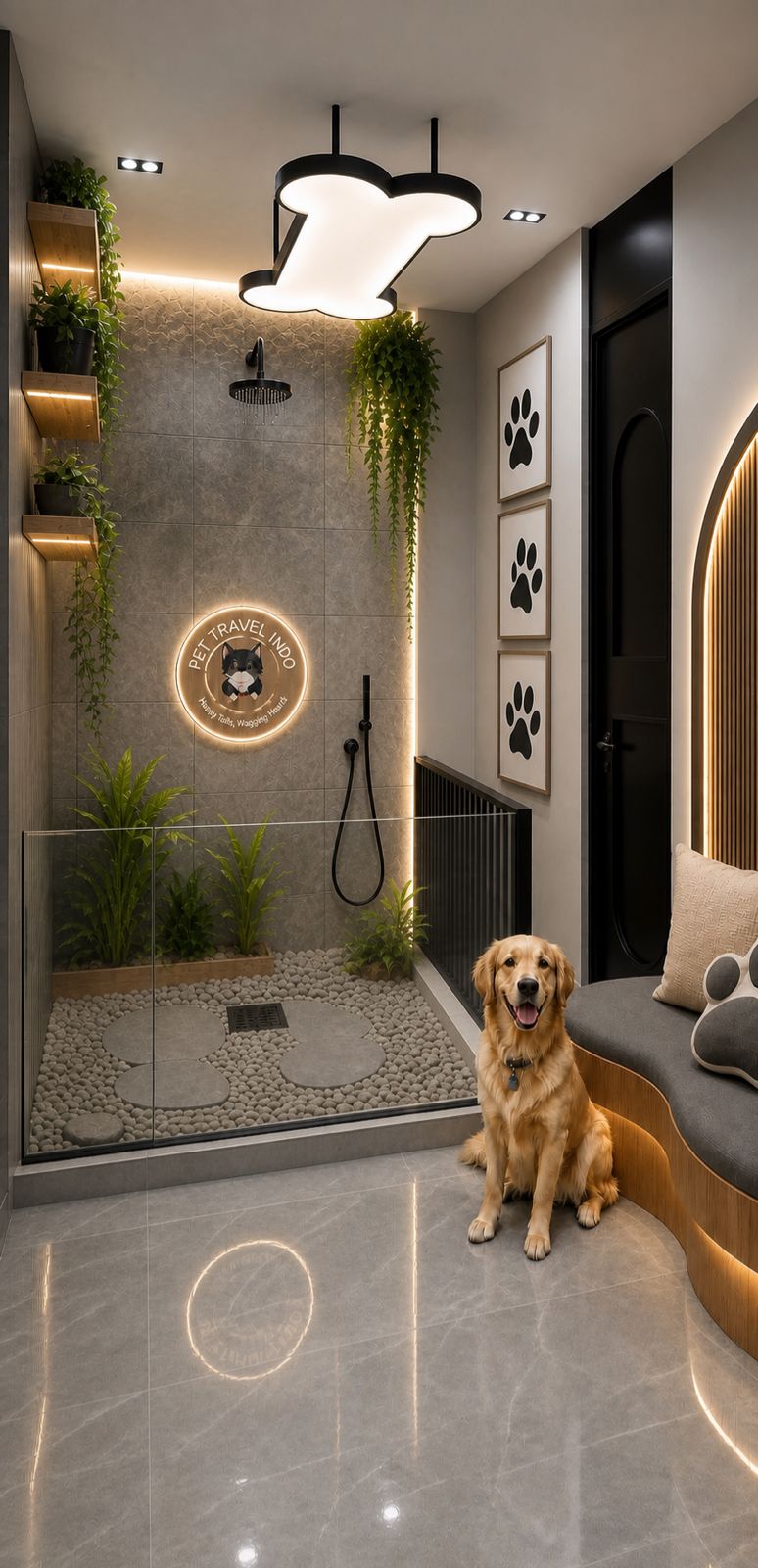 Gambar rencana: area mandi dan grooming berdinding batu